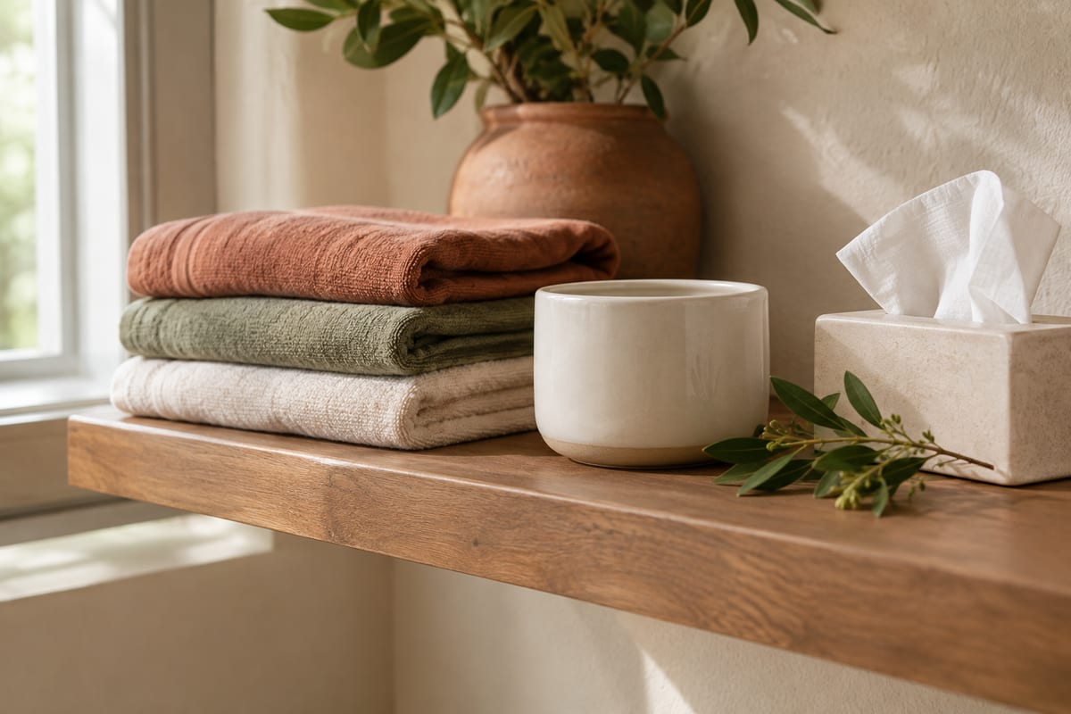 Folded cotton towels, a plain unlabelled tub and plain tissue on a simple bathroom shelf