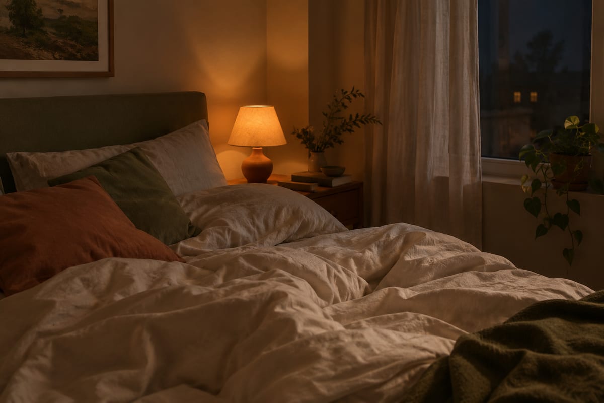 A dimly lit bedroom at night with rumpled sheets and a small bedside lamp