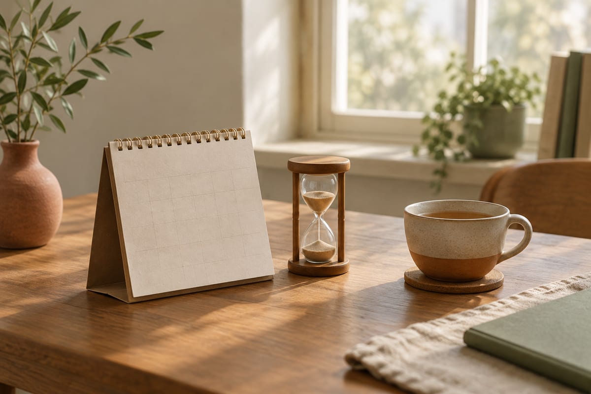 A blank desk calendar and an hourglass beside a cup of tea on a wooden table