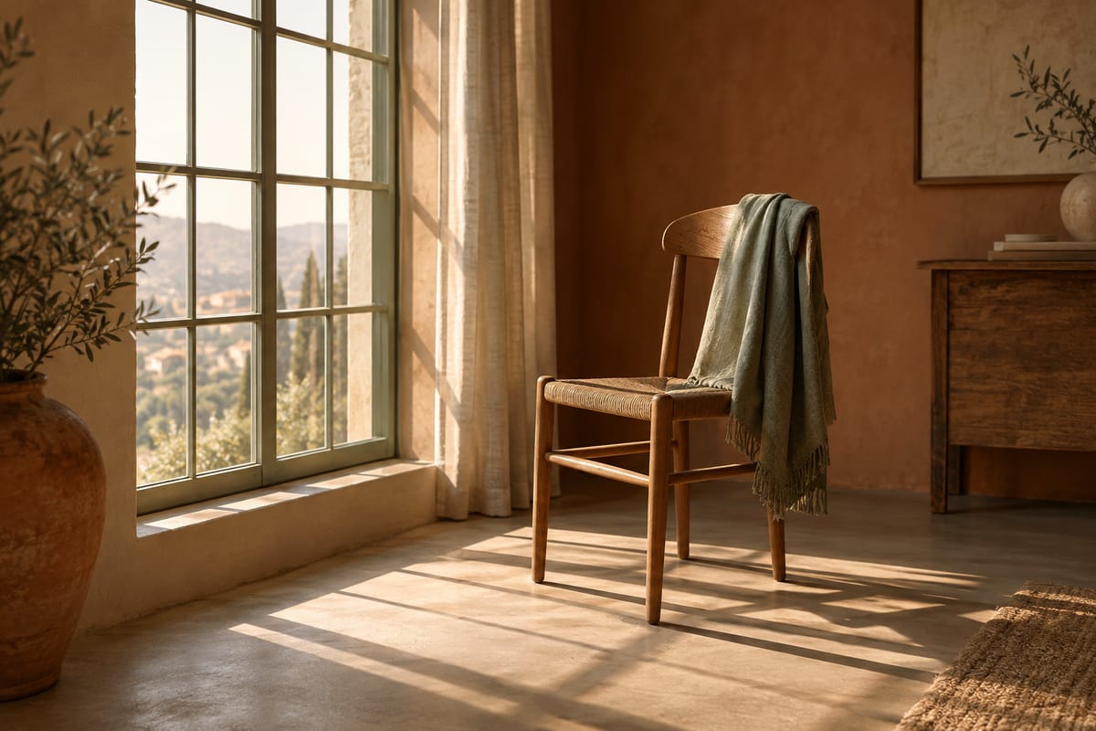 An empty wooden chair beside a window, with long afternoon light across the floor