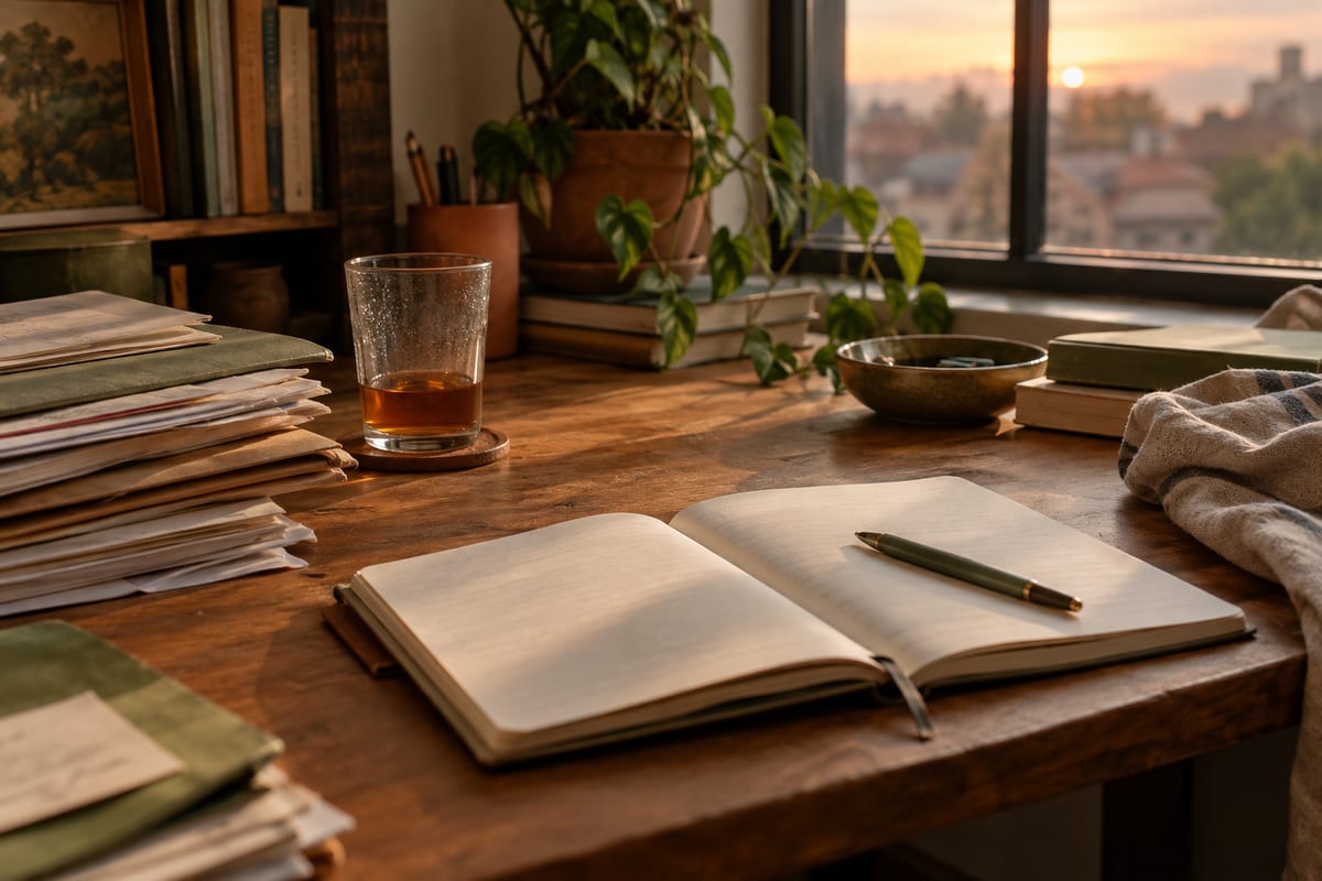 A cluttered desk with stacked papers and an open notebook in late evening light
