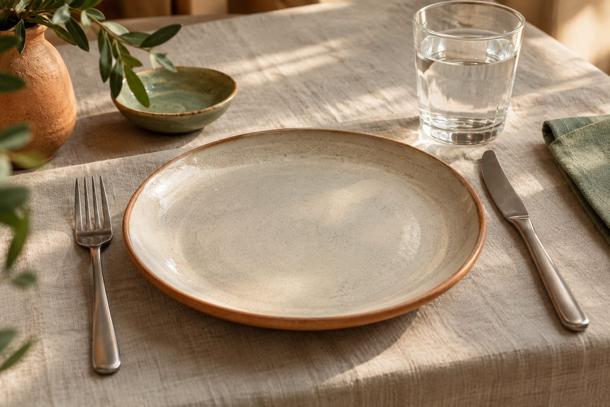 An empty plate and clean cutlery set on a linen tablecloth