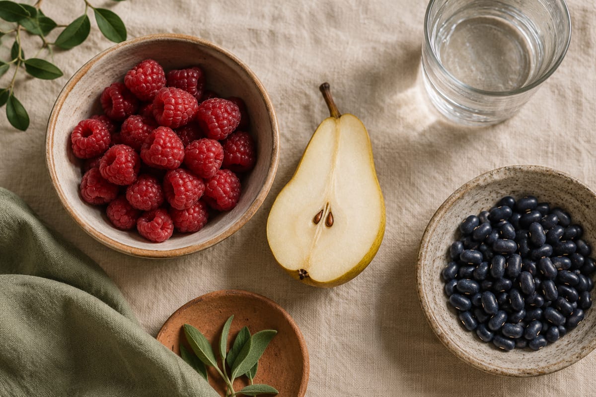 A bowl of raspberries, a halved pear and a dish of beans on a linen cloth