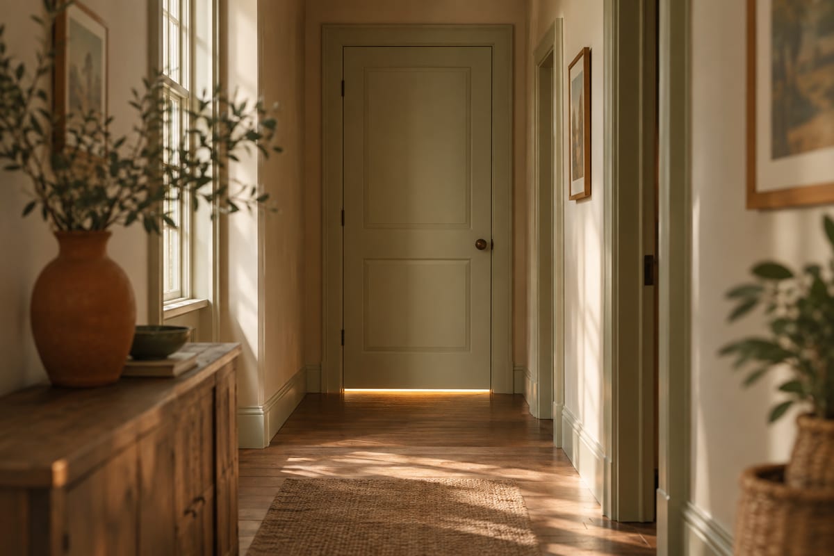 A closed bathroom door at the end of a quiet hallway, with warm light beneath it