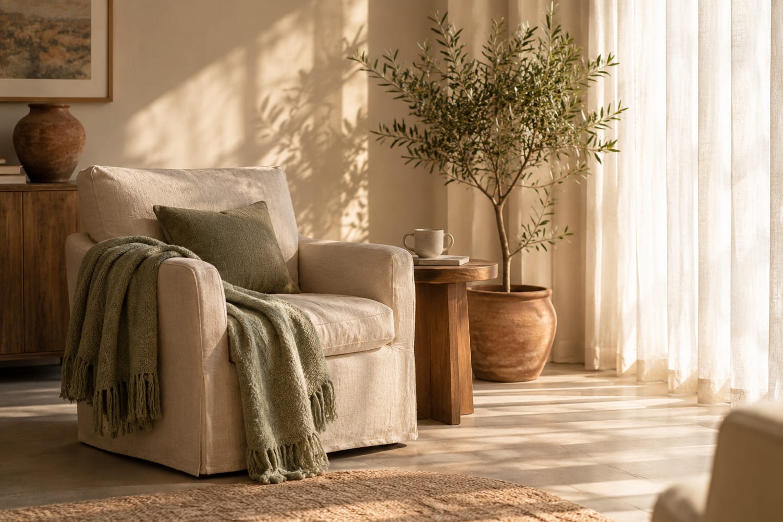 A calm living room corner with a linen armchair, a sage throw and an olive tree in morning light