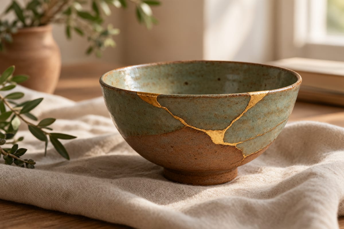 A ceramic bowl mended with visible gold seams, resting on linen