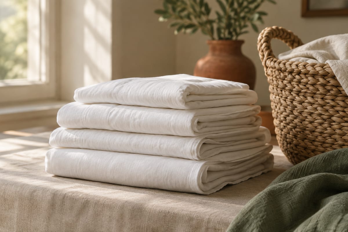 A neat stack of folded white laundry beside a woven basket