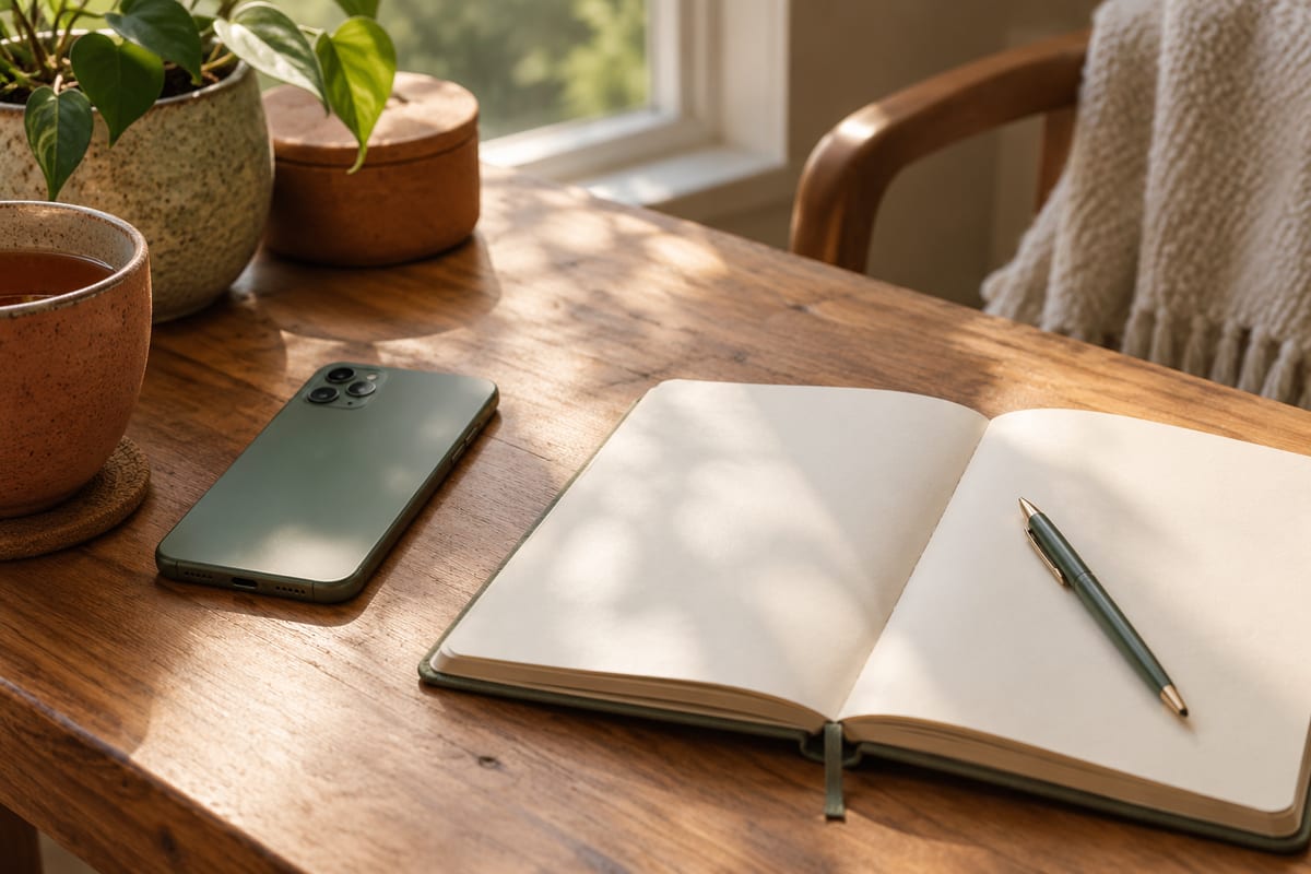 A phone resting face down beside an open blank notebook and a pen on a wooden table