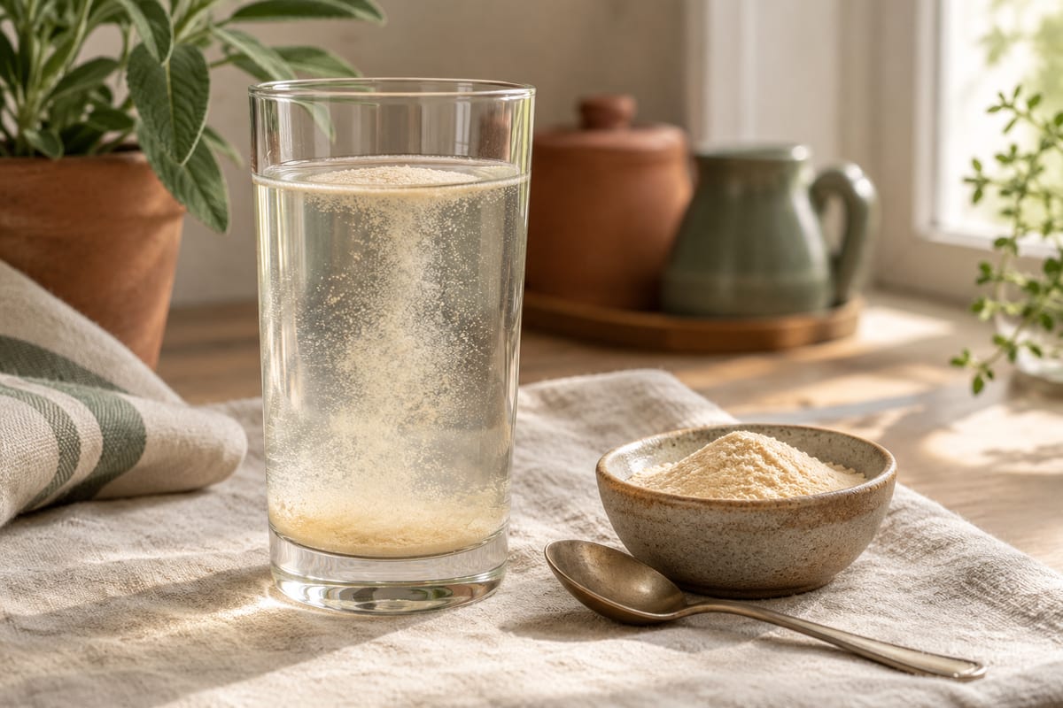 A glass of water with psyllium husk stirred into it, beside a small dish of the powder