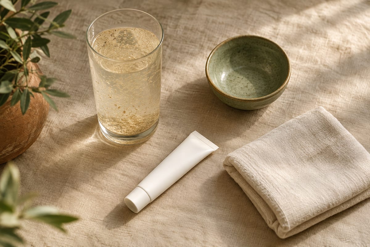 A glass of water with fiber stirred into it, a plain tube and a folded cotton cloth on linen