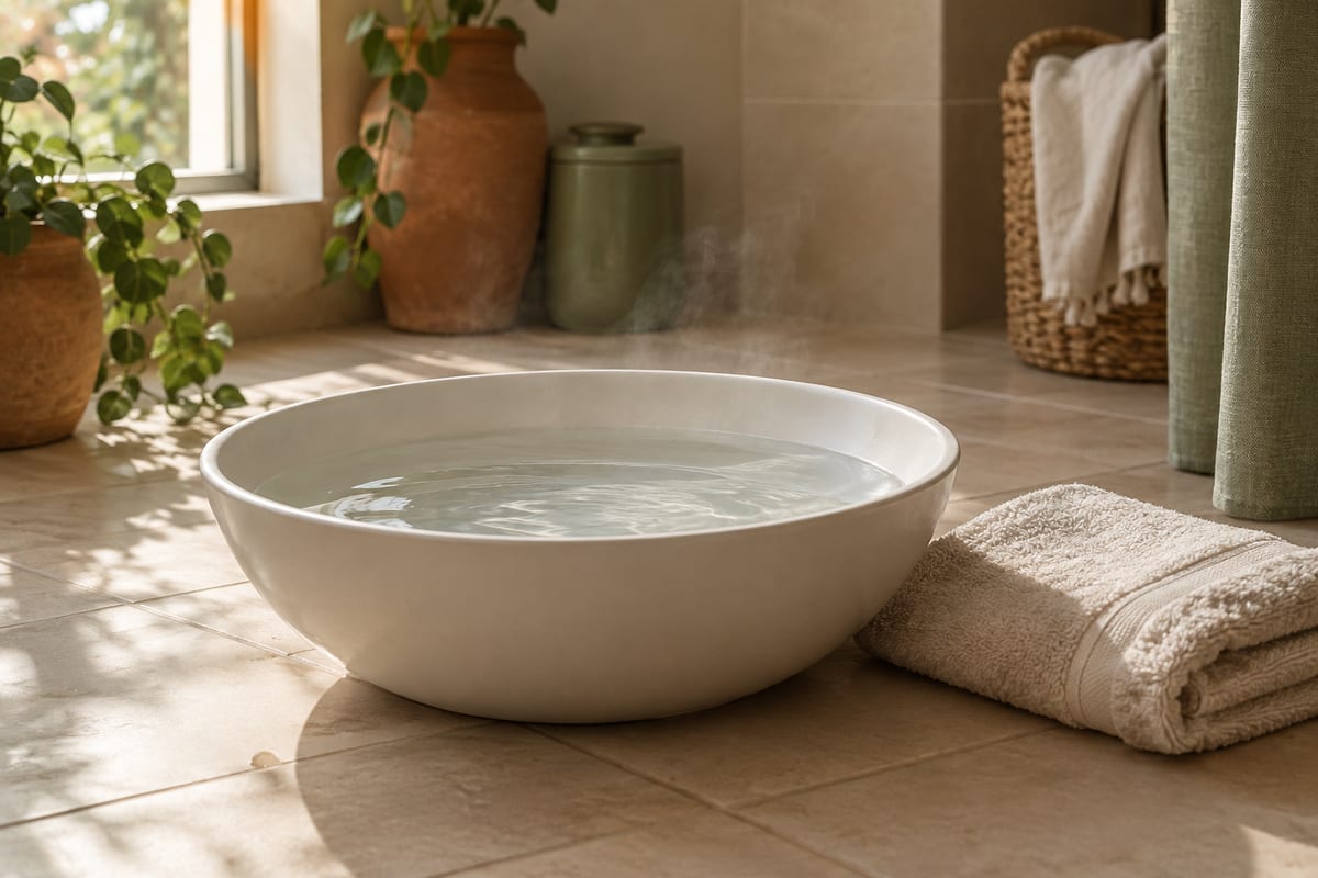 A shallow basin of warm water on a bathroom floor with a folded towel beside it