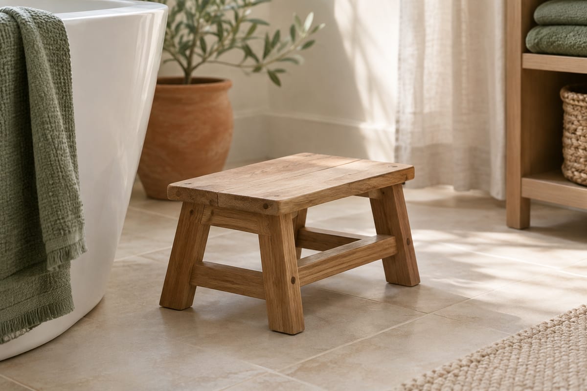 A low wooden step stool on a bathroom floor