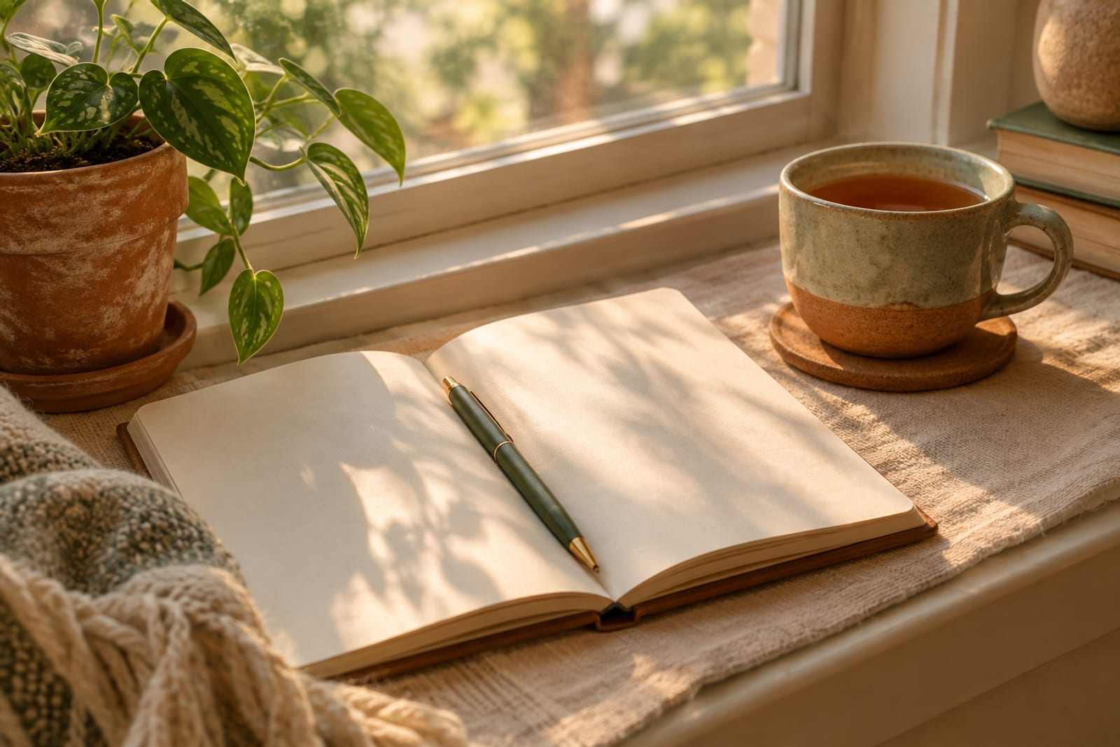 An open notebook and a cup of tea on a windowsill in early morning light