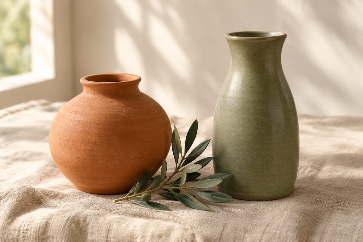 A rounded terracotta pot and a taller sage green vase side by side on linen